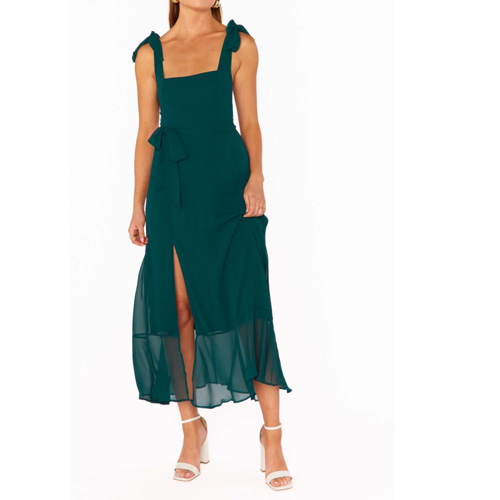 Show Me Your Mumu Claire Midi Dress Emerald Chiffon Tie‎ Shoulder Green XXS y1